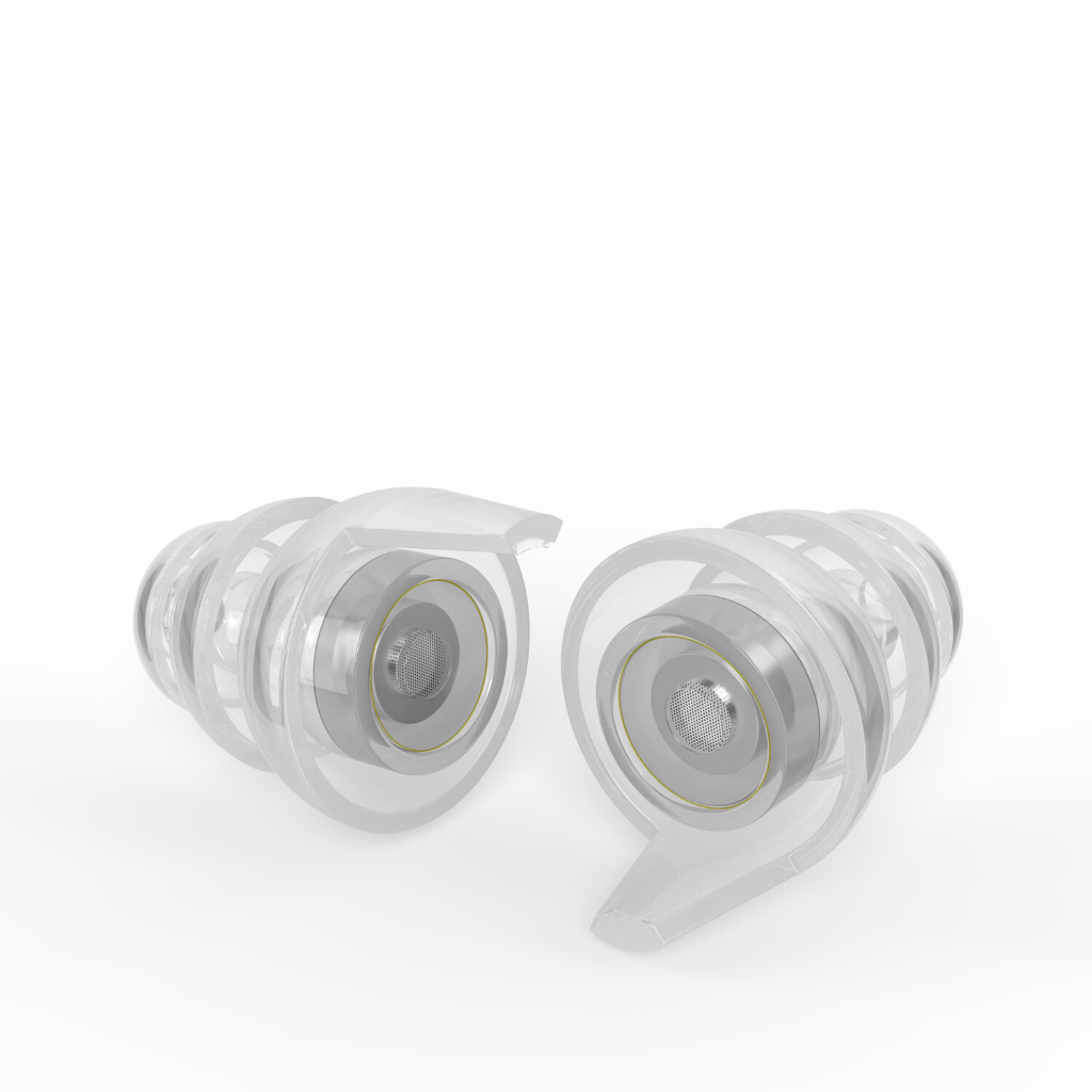 A pair of Small size High Fidelity Earplugs in the transparent edition.